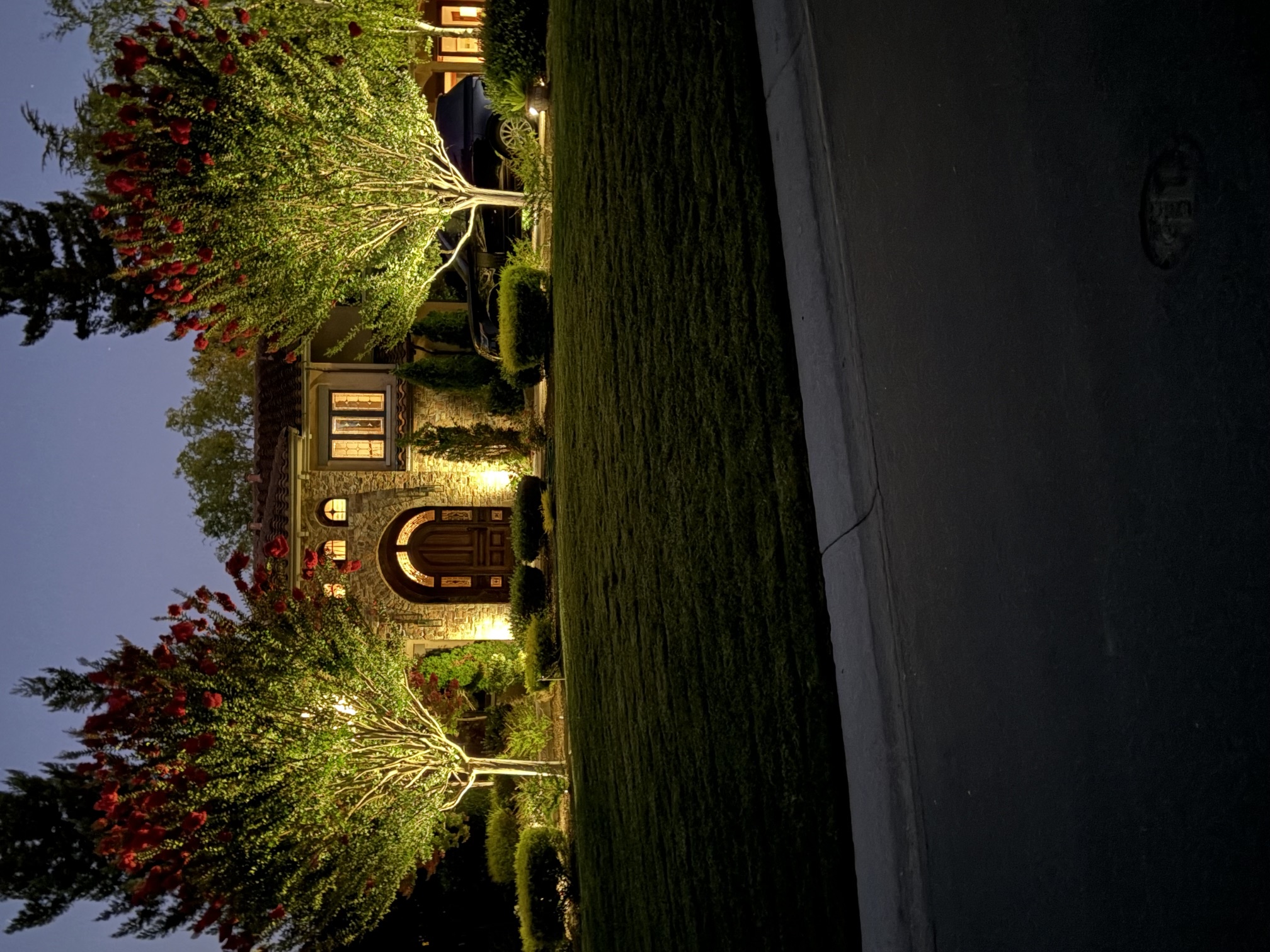 Twin Palms Lighting tree uplighting and entry lighting on a Bay Area estate home